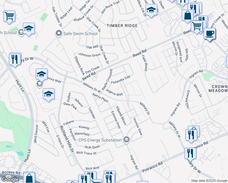 map of restaurants, bars, coffee shops, grocery stores, and more near 8714 Padiski Court in San Antonio