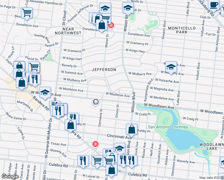 map of restaurants, bars, coffee shops, grocery stores, and more near 2455 West Magnolia Avenue in San Antonio