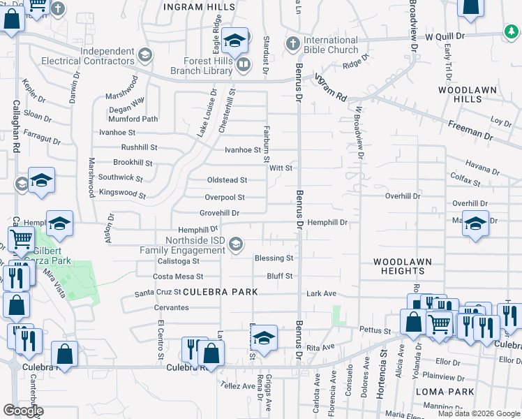 map of restaurants, bars, coffee shops, grocery stores, and more near 5111 Grovehill Street in San Antonio