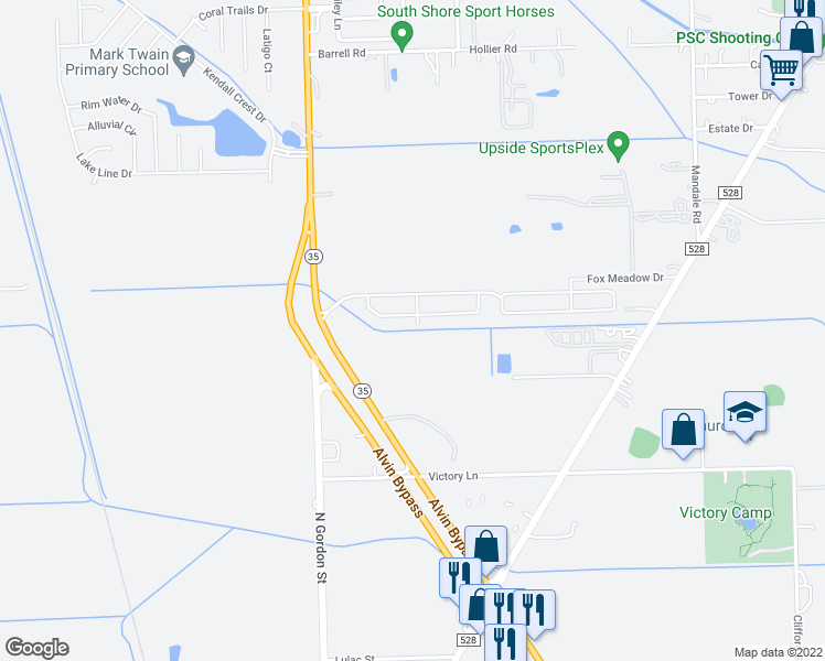 map of restaurants, bars, coffee shops, grocery stores, and more near 1200 Fox Meadow Drive in Alvin
