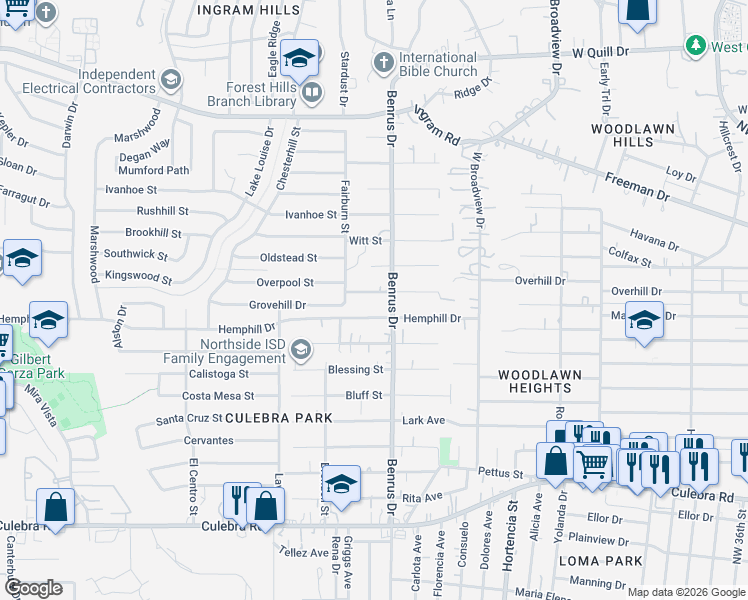 map of restaurants, bars, coffee shops, grocery stores, and more near 5018 Penrose Street in San Antonio