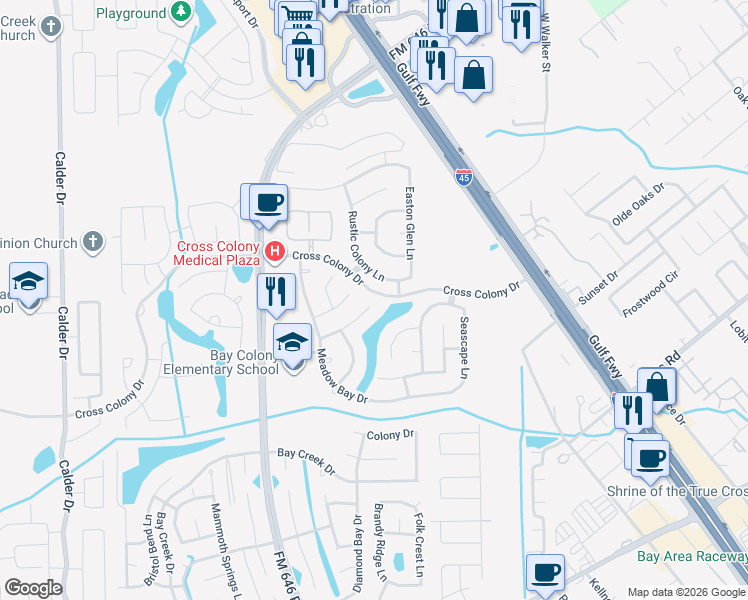 map of restaurants, bars, coffee shops, grocery stores, and more near 227 Rolling Springs Lane in Dickinson