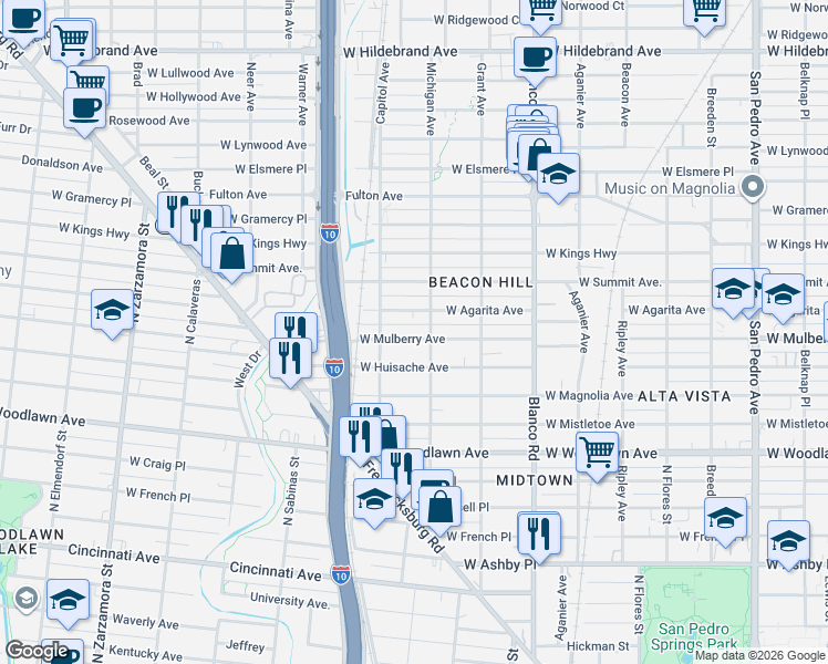 map of restaurants, bars, coffee shops, grocery stores, and more near 1115 West Mulberry Avenue in San Antonio