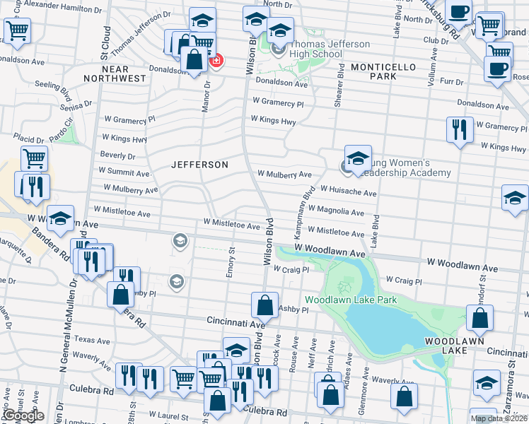 map of restaurants, bars, coffee shops, grocery stores, and more near 2402 West Magnolia Avenue in San Antonio
