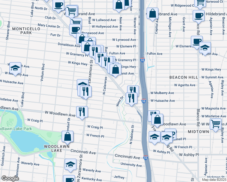map of restaurants, bars, coffee shops, grocery stores, and more near 1524 West Mulberry Avenue in San Antonio