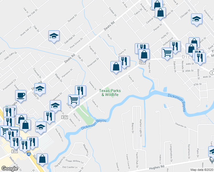 map of restaurants, bars, coffee shops, grocery stores, and more near Farm to Market Road 517 in Dickinson
