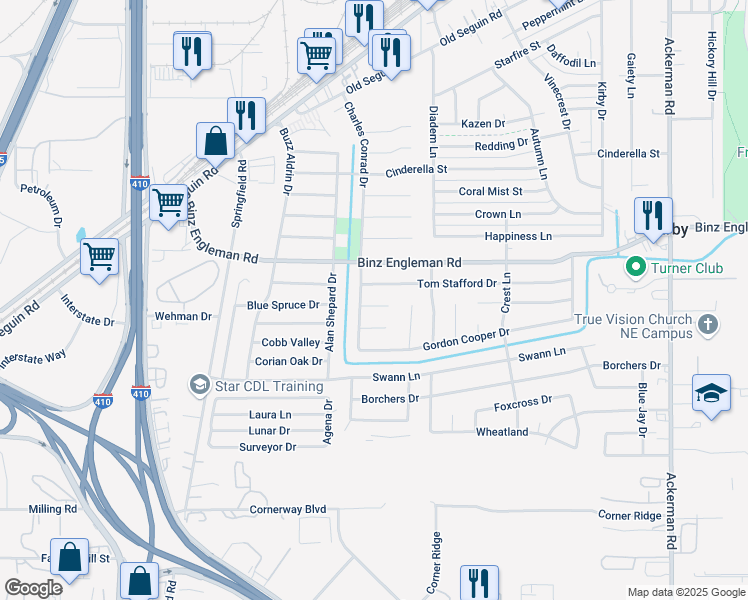 map of restaurants, bars, coffee shops, grocery stores, and more near 5011 Walt Schirra Street in Kirby