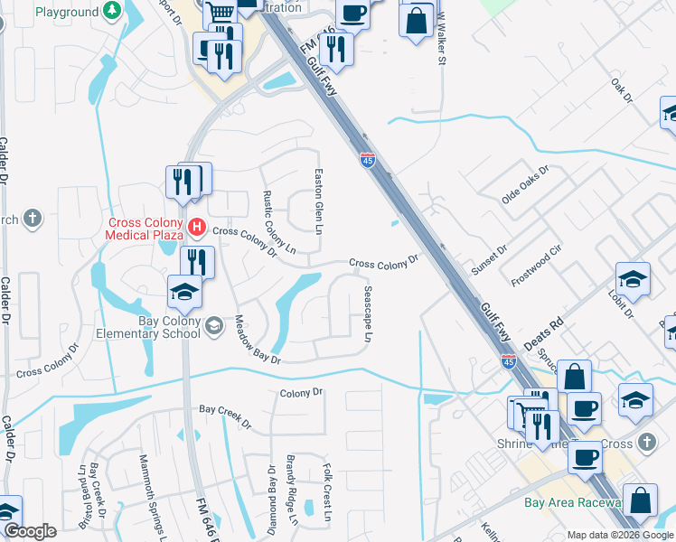 map of restaurants, bars, coffee shops, grocery stores, and more near 207 Colony Lake Lane in Dickinson