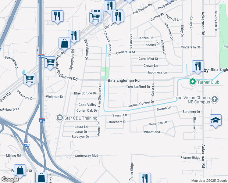 map of restaurants, bars, coffee shops, grocery stores, and more near 5011 Walt Schirra Street in Kirby