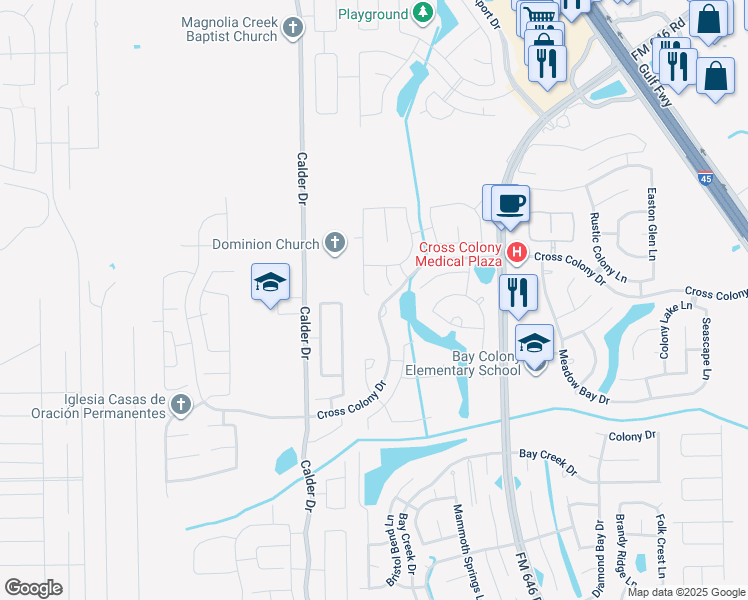 map of restaurants, bars, coffee shops, grocery stores, and more near 142 Avery Springs Lane in Dickinson