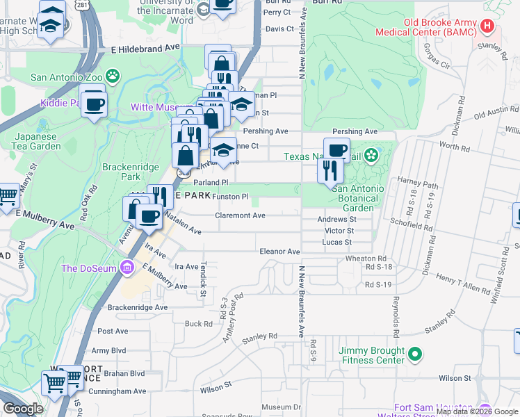 map of restaurants, bars, coffee shops, grocery stores, and more near 321 Claremont Avenue in San Antonio