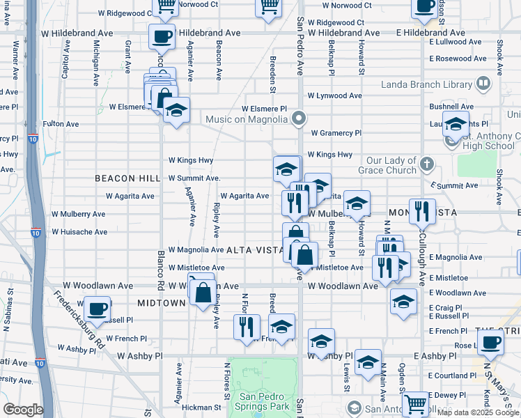 map of restaurants, bars, coffee shops, grocery stores, and more near 521 West Mulberry Avenue in San Antonio