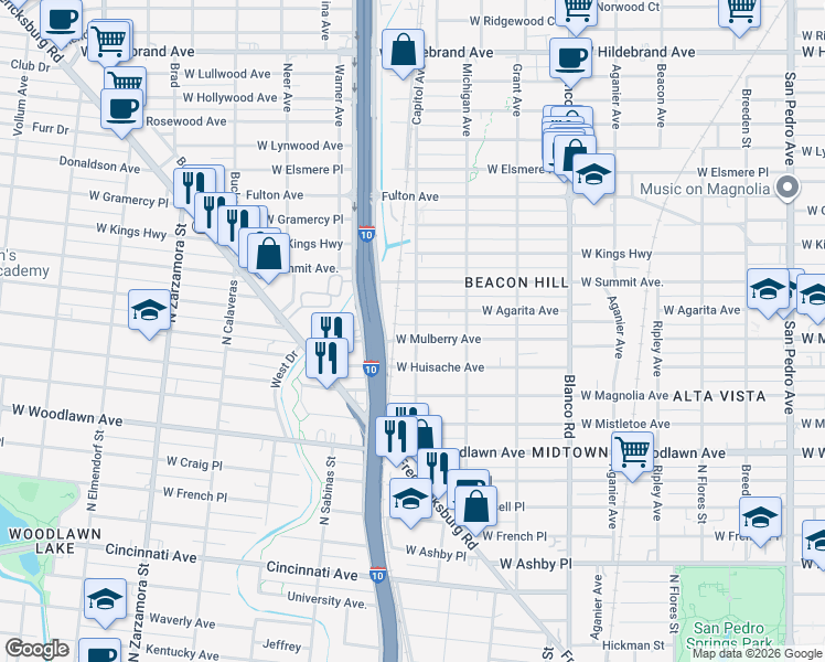map of restaurants, bars, coffee shops, grocery stores, and more near 1201 West Mulberry Avenue in San Antonio