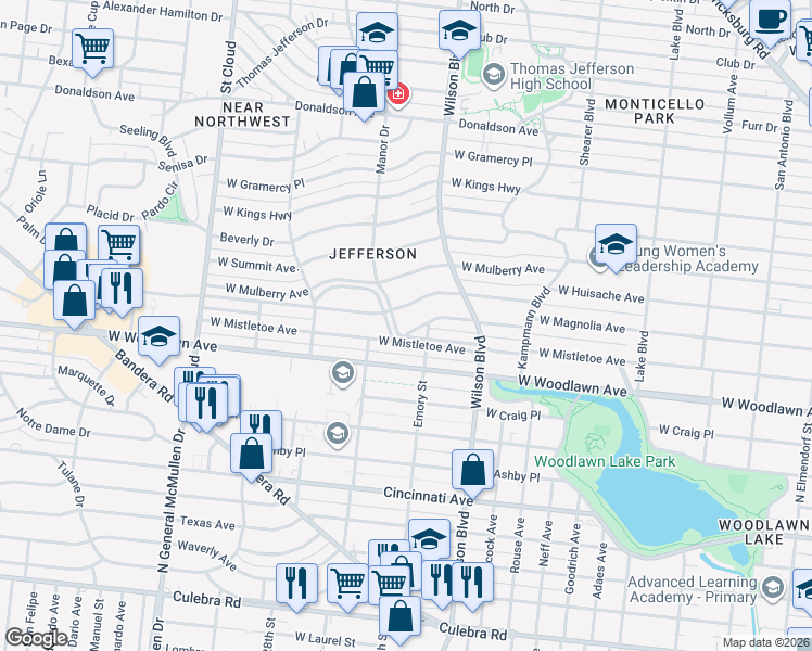 map of restaurants, bars, coffee shops, grocery stores, and more near 2455 West Magnolia Avenue in San Antonio