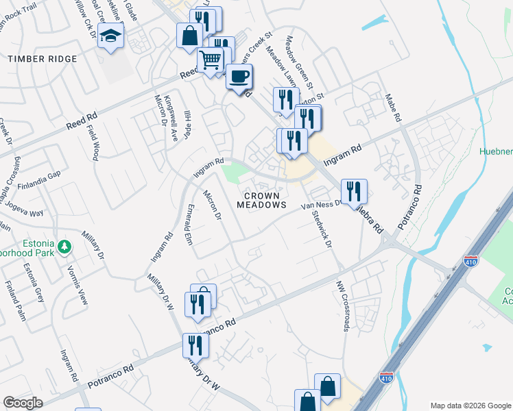 map of restaurants, bars, coffee shops, grocery stores, and more near 7831 Sunrise Cay in San Antonio