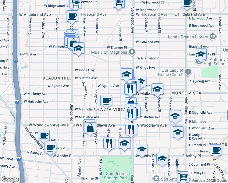 map of restaurants, bars, coffee shops, grocery stores, and more near 521 West Mulberry Avenue in San Antonio