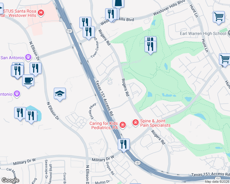 map of restaurants, bars, coffee shops, grocery stores, and more near 9903 Nationwide Drive in San Antonio