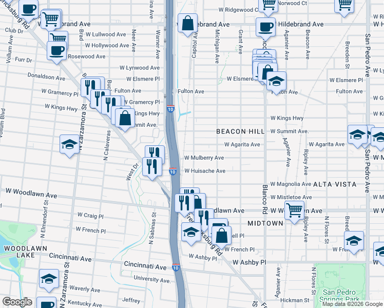 map of restaurants, bars, coffee shops, grocery stores, and more near 1201 West Mulberry Avenue in San Antonio