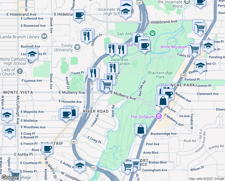 map of restaurants, bars, coffee shops, grocery stores, and more near 819 East Mulberry Avenue in San Antonio