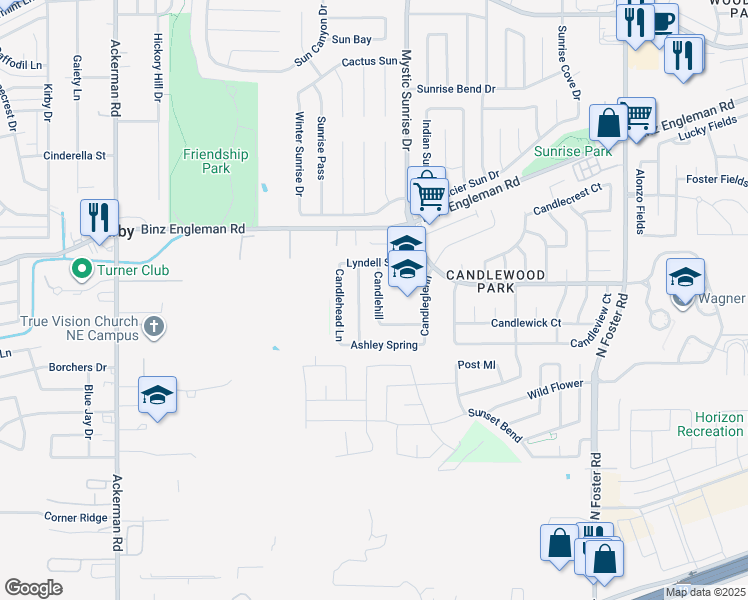 map of restaurants, bars, coffee shops, grocery stores, and more near 3639 Candlehill in San Antonio