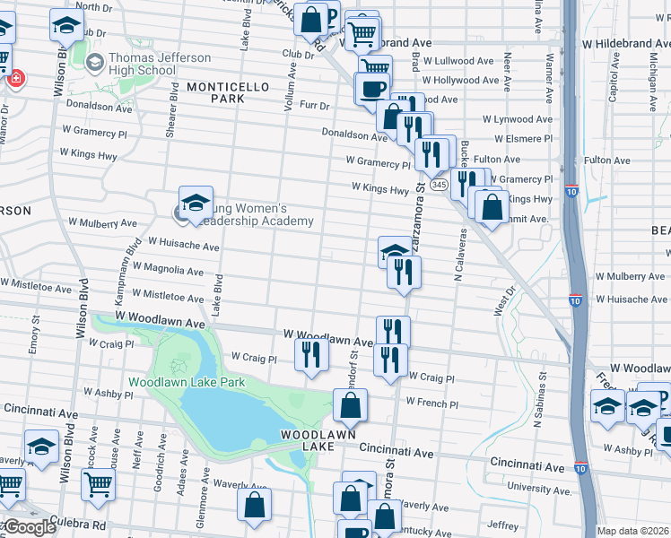 map of restaurants, bars, coffee shops, grocery stores, and more near 1844 West Huisache Avenue in San Antonio