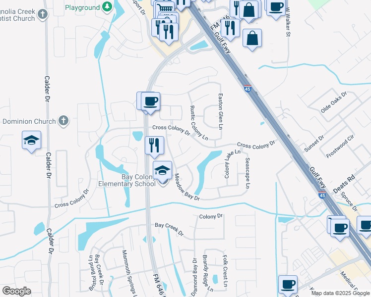 map of restaurants, bars, coffee shops, grocery stores, and more near 217 Cay Crossing Lane in Dickinson