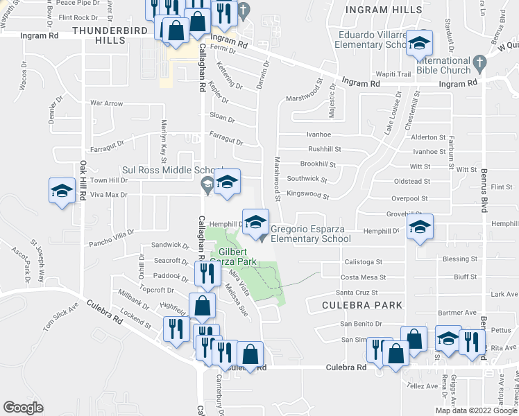 map of restaurants, bars, coffee shops, grocery stores, and more near 2015 Darwin Drive in San Antonio