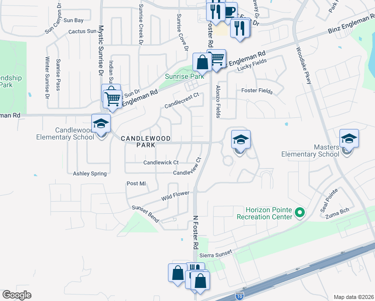map of restaurants, bars, coffee shops, grocery stores, and more near 2922 Candleside Drive in San Antonio