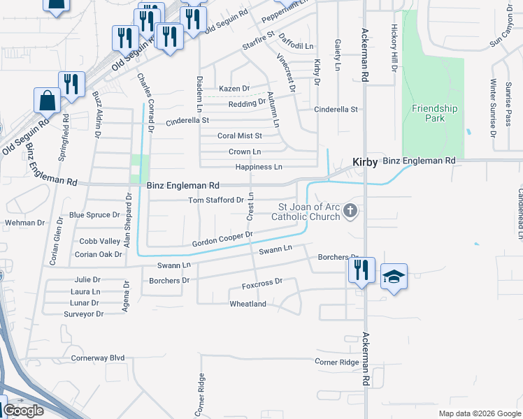 map of restaurants, bars, coffee shops, grocery stores, and more near 5203 Alan Bean Drive in San Antonio