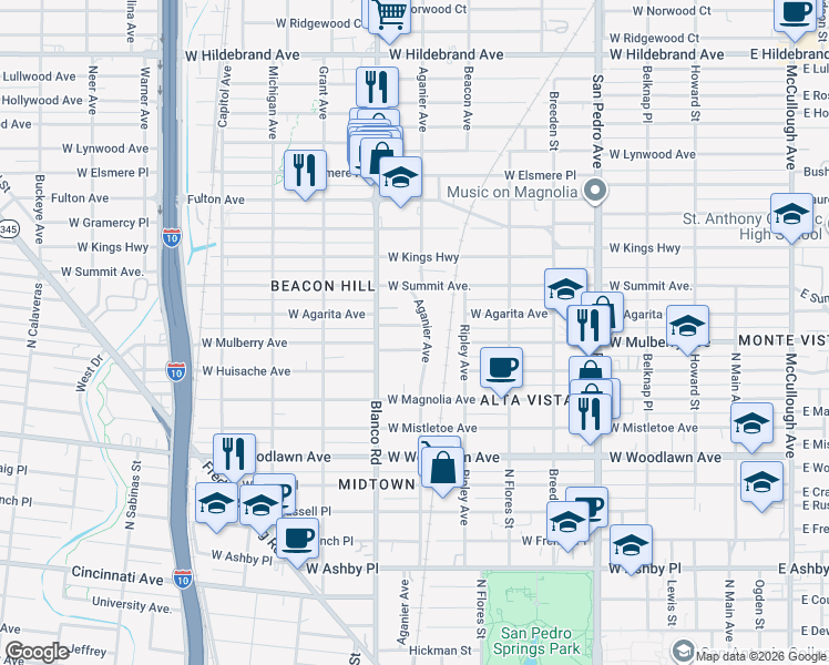 map of restaurants, bars, coffee shops, grocery stores, and more near 806 West Agarita Avenue in San Antonio