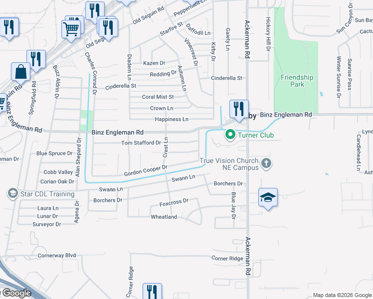 map of restaurants, bars, coffee shops, grocery stores, and more near 5231 Alan Bean Drive in San Antonio