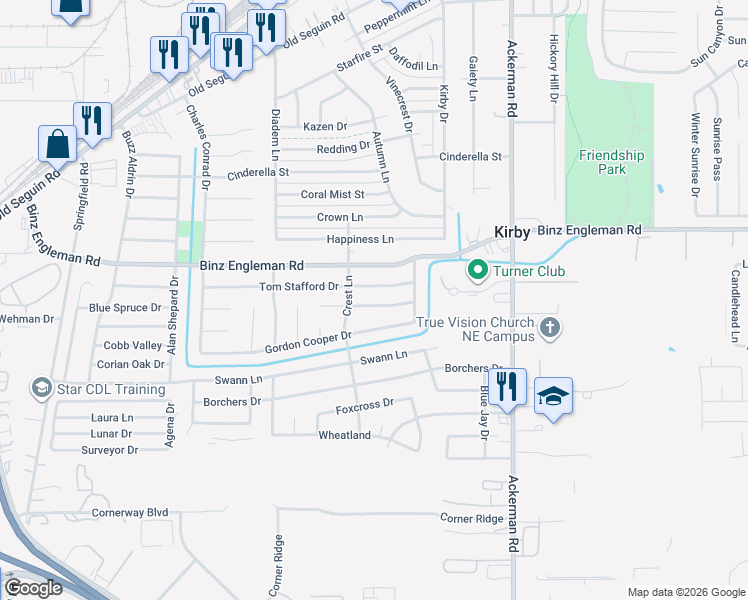 map of restaurants, bars, coffee shops, grocery stores, and more near 5231 Alan Bean Drive in San Antonio