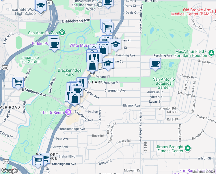 map of restaurants, bars, coffee shops, grocery stores, and more near 214 Milton Street in San Antonio