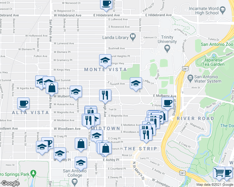 map of restaurants, bars, coffee shops, grocery stores, and more near 235 East Mulberry Avenue in San Antonio