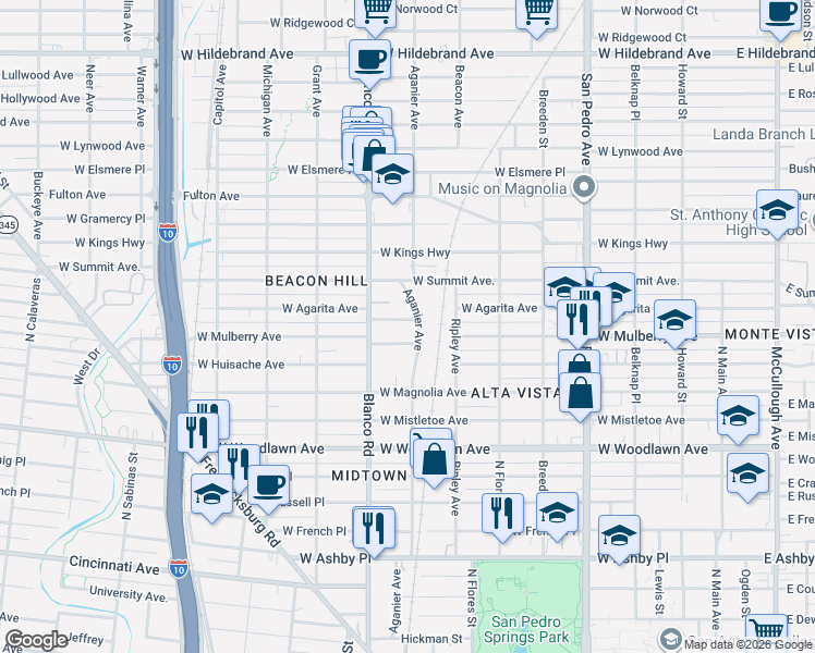 map of restaurants, bars, coffee shops, grocery stores, and more near 806 West Agarita Avenue in San Antonio