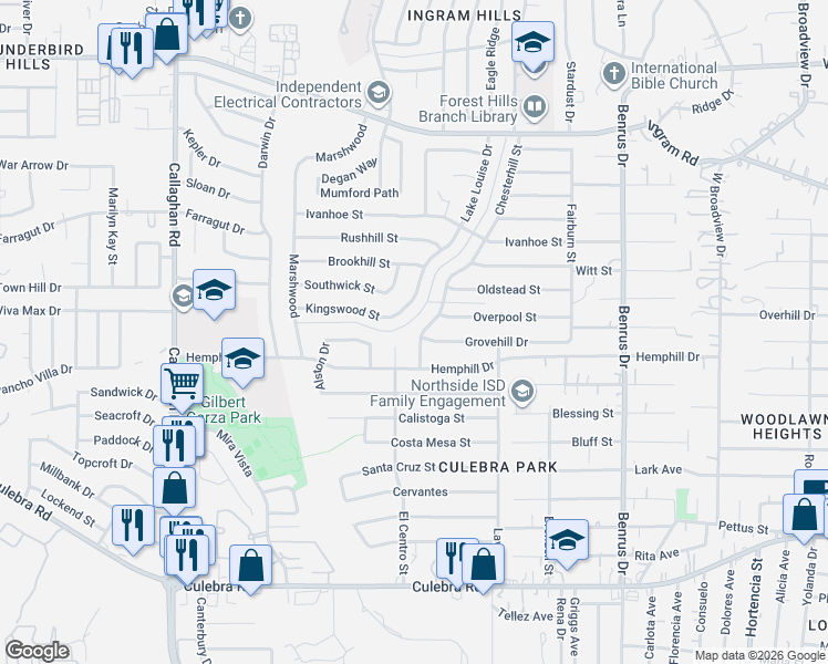 map of restaurants, bars, coffee shops, grocery stores, and more near 2027 Chesterhill Street in San Antonio
