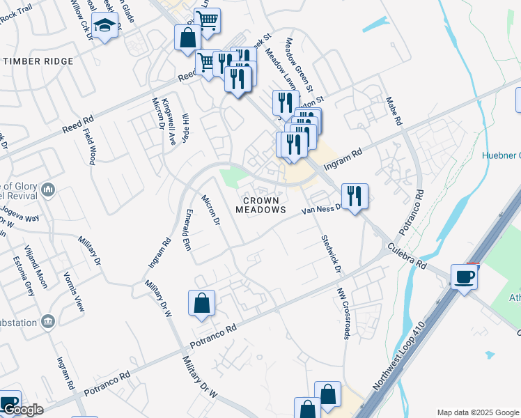 map of restaurants, bars, coffee shops, grocery stores, and more near 7700 Ingram Road in San Antonio