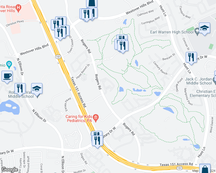 map of restaurants, bars, coffee shops, grocery stores, and more near 2210 Rogers Road in San Antonio