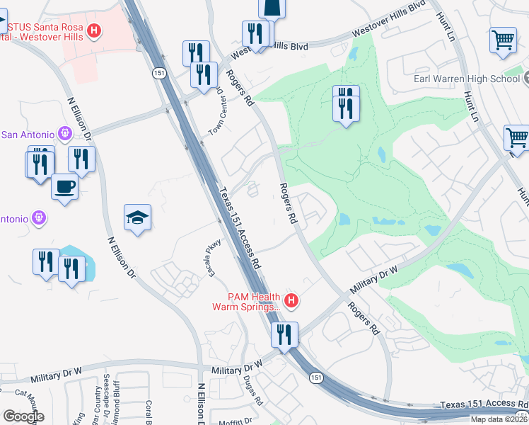 map of restaurants, bars, coffee shops, grocery stores, and more near 9901 Nationwide Drive in San Antonio