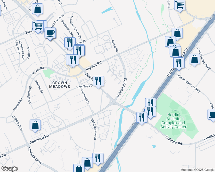map of restaurants, bars, coffee shops, grocery stores, and more near 7219 Culebra Road in San Antonio