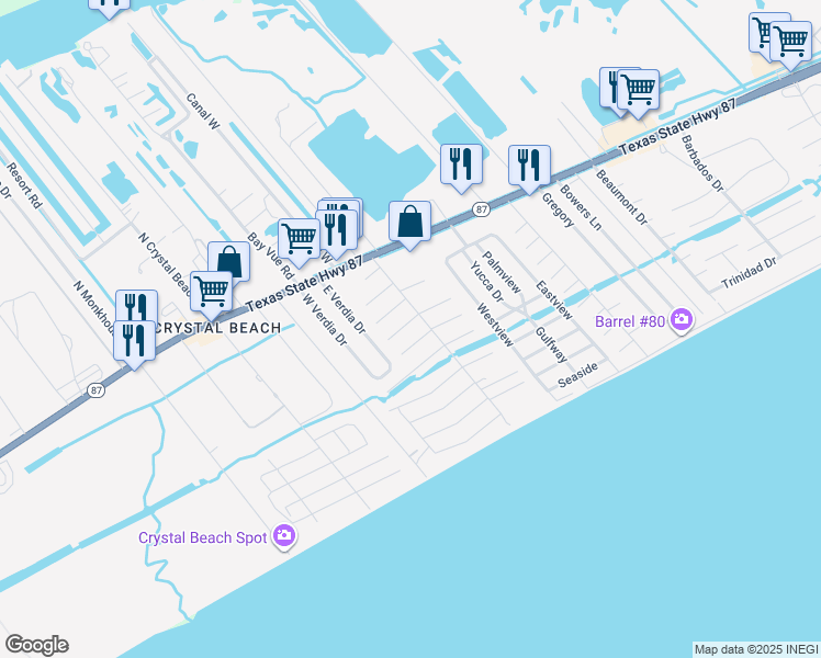 map of restaurants, bars, coffee shops, grocery stores, and more near 1980 Avenue D in Bolivar Peninsula