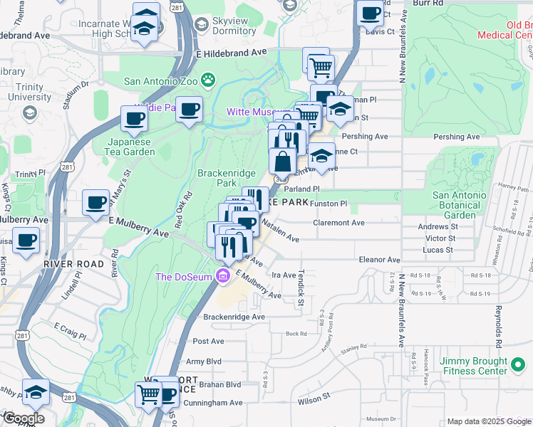 map of restaurants, bars, coffee shops, grocery stores, and more near 3304 Broadway in San Antonio