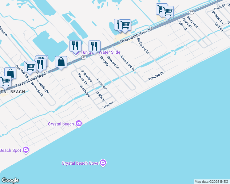 map of restaurants, bars, coffee shops, grocery stores, and more near 2109 Mills in Bolivar Peninsula