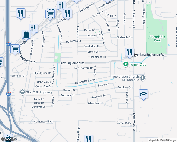 map of restaurants, bars, coffee shops, grocery stores, and more near 5107 Alan Bean Drive in San Antonio