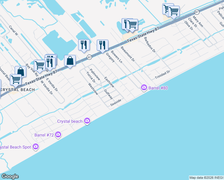map of restaurants, bars, coffee shops, grocery stores, and more near 2025 Vista Drive in Bolivar Peninsula