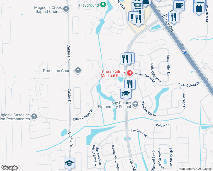 map of restaurants, bars, coffee shops, grocery stores, and more near 2866 Cool Spring Lane in Dickinson
