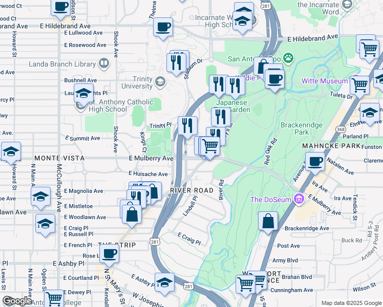 map of restaurants, bars, coffee shops, grocery stores, and more near in San Antonio