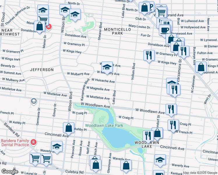 map of restaurants, bars, coffee shops, grocery stores, and more near 2119 West Magnolia Avenue in San Antonio