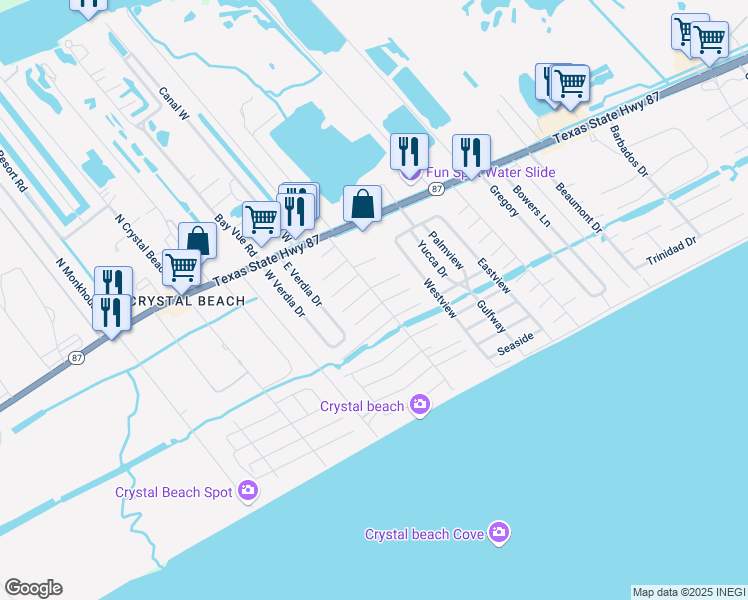 map of restaurants, bars, coffee shops, grocery stores, and more near 1980 Avenue D in Bolivar Peninsula