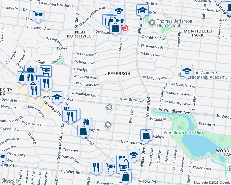 map of restaurants, bars, coffee shops, grocery stores, and more near 2623 West Mistletoe Avenue in San Antonio